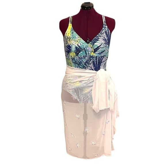 Set of 2: Tropical Palm Print One-Piece Swimsuit & Sea Turtle Chiffon Wrap - Picture 1 of 14